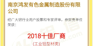 恭喜鴻發(fā)有色榮獲2018鋁行業(yè)十佳廠(chǎng)商！
